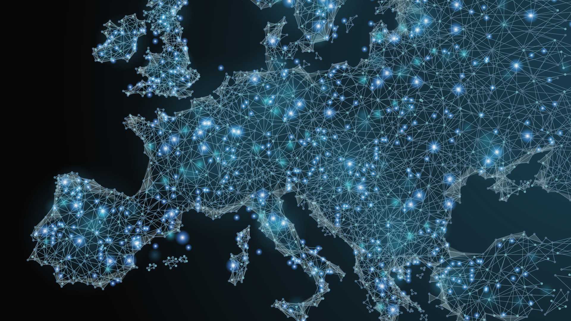 mapa Europy stworzona z geometrycznych kształtów i rozbłysków